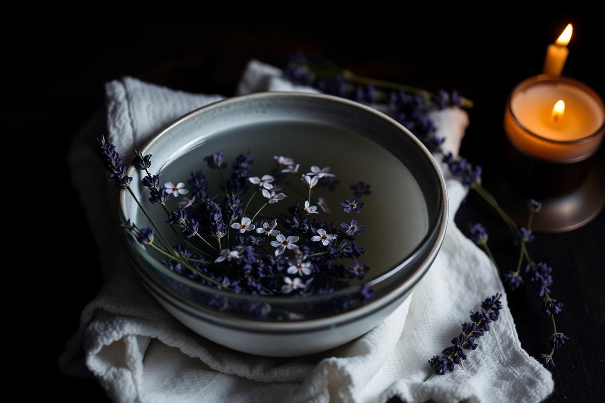 Tigela com água e flores de alfazema sobre toalha branca à luz de vela
