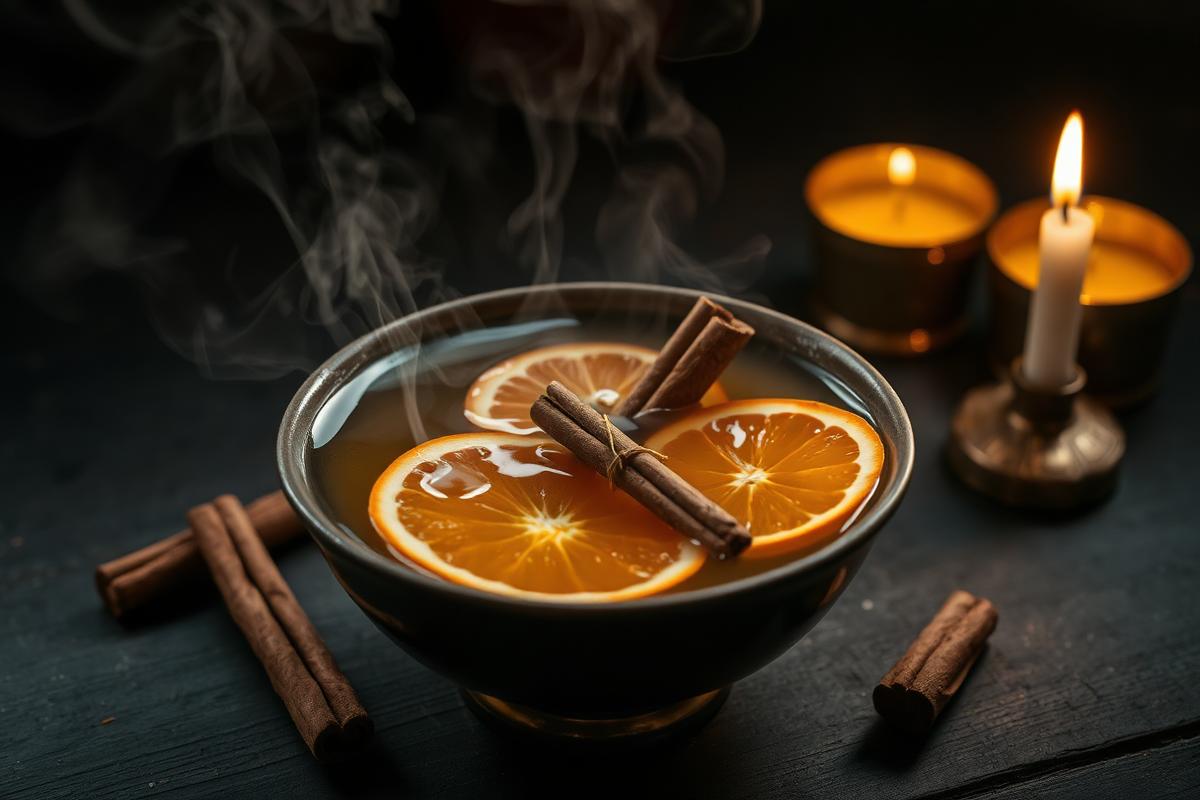 Tigela com água quente, rodelas de laranja e paus de canela à luz de velas