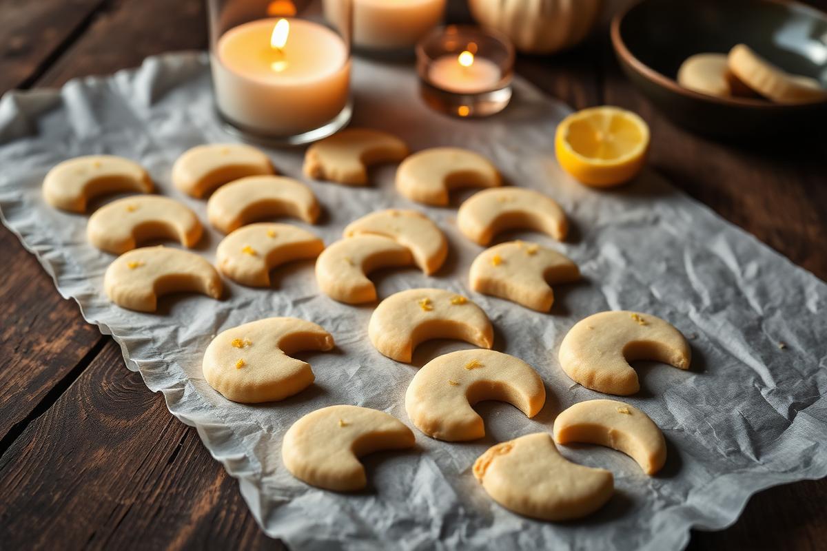 Biscoitos amanteigados em formato de lua crescente com raspas de limão