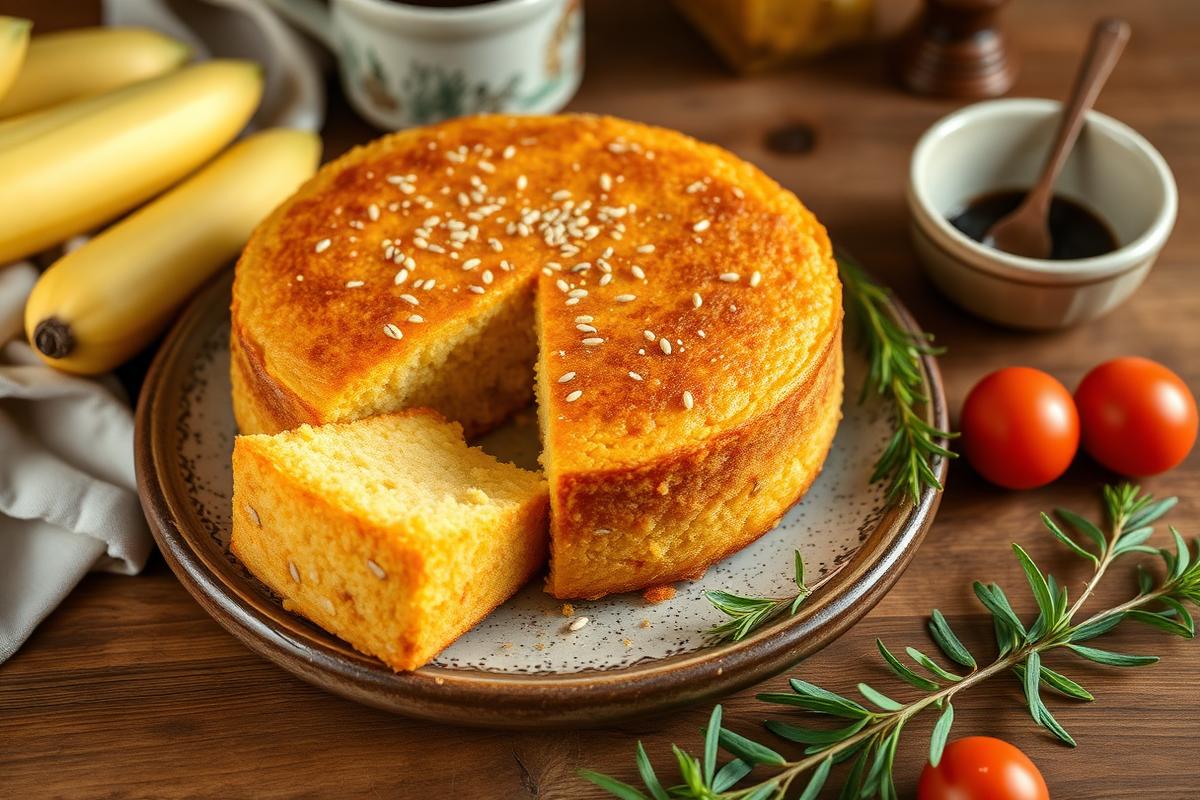Bolo de fubá dourado com erva-doce sobre prato rústico