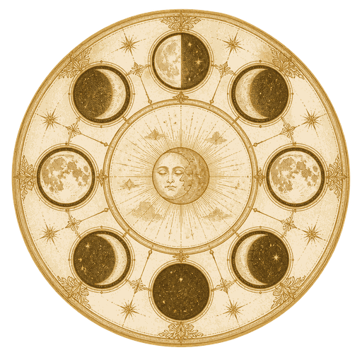 Roda com as oito fases da Lua em gravura dourada