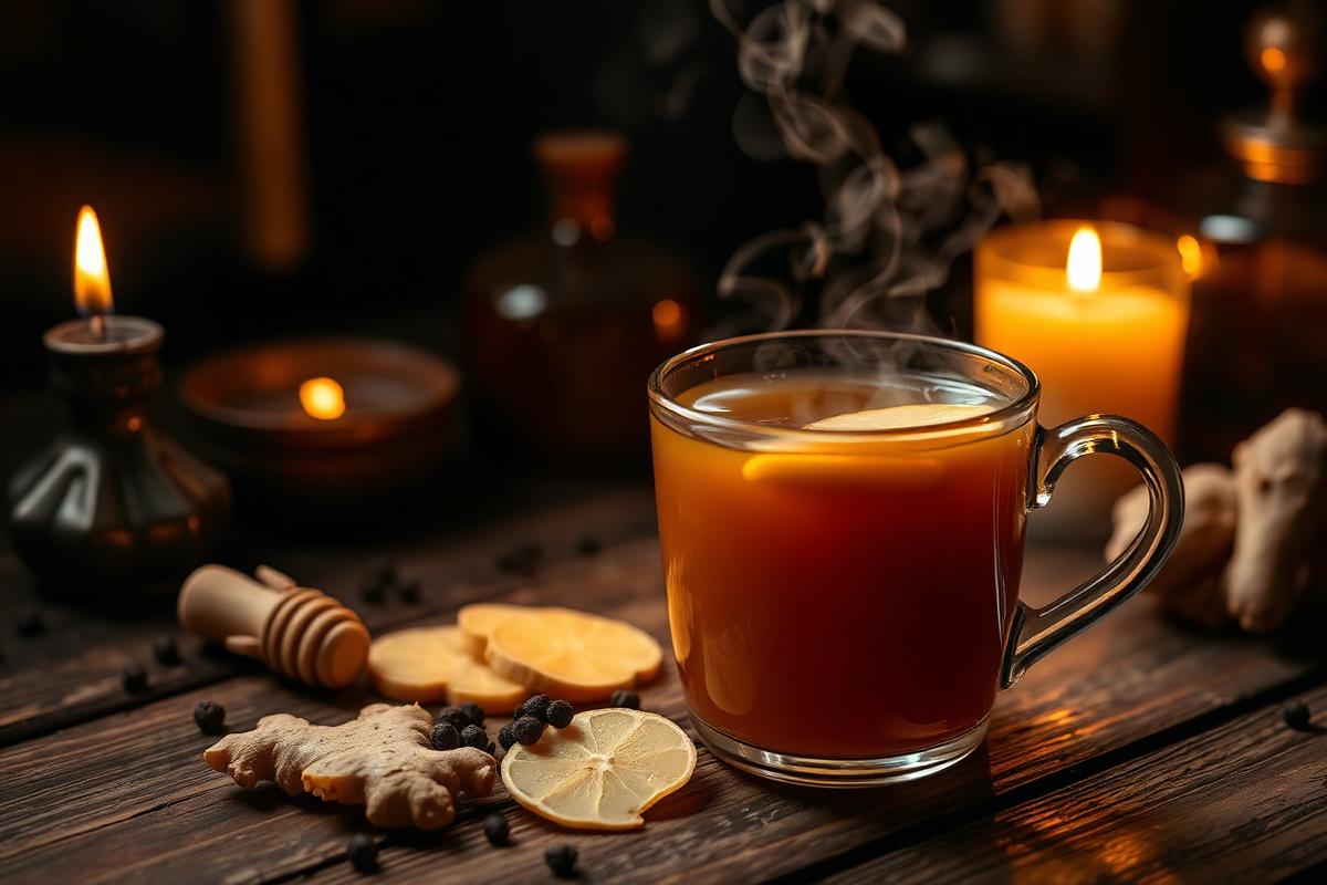 Xícara de chá de gengibre com rodelas de gengibre, grãos de pimenta e limão à luz de vela