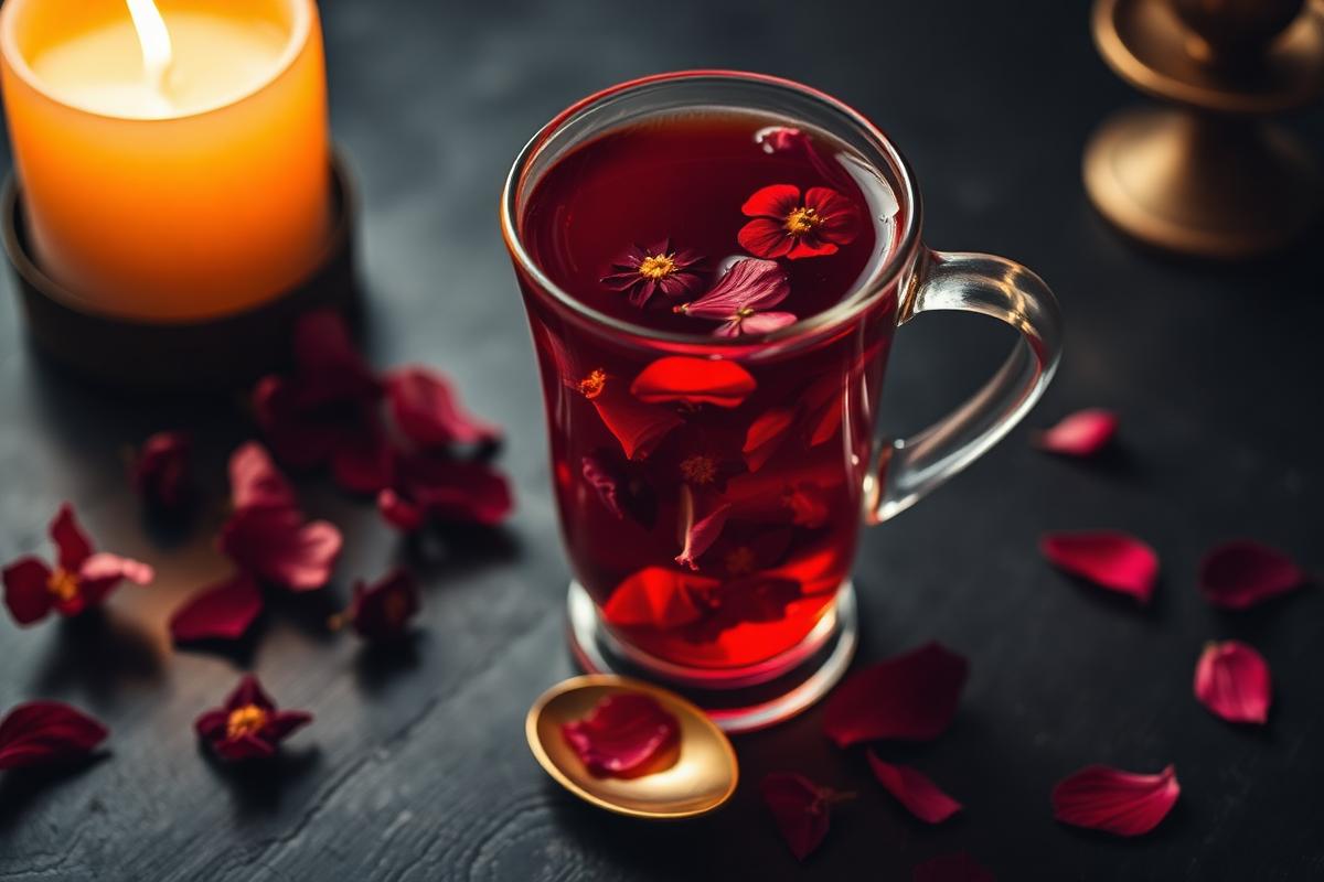 Copo de chá de hibisco vermelho com pétalas de rosa sobre mesa escura