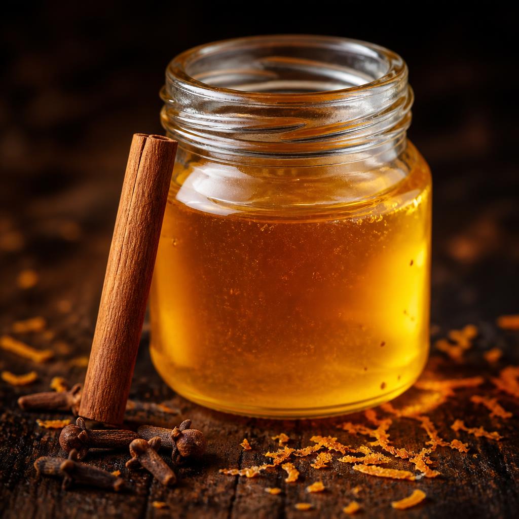 Pote de vidro com mel dourado, pau de canela, cravos e raspas de laranja
