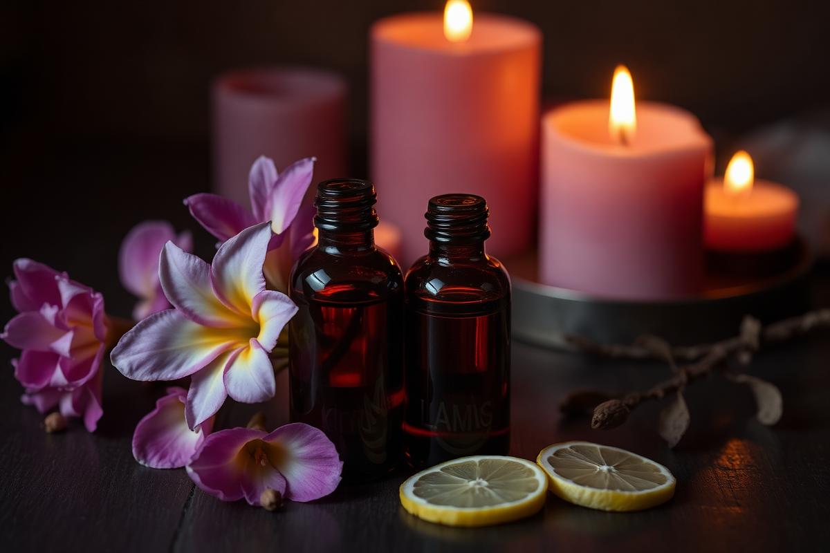 Frascos âmbar de óleo essencial com flores rosadas e rodelas de limão