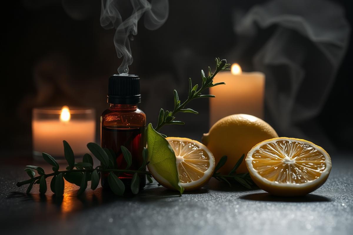 Frasco de óleo essencial com folhas de eucalipto, melaleuca e limão sobre superfície escura