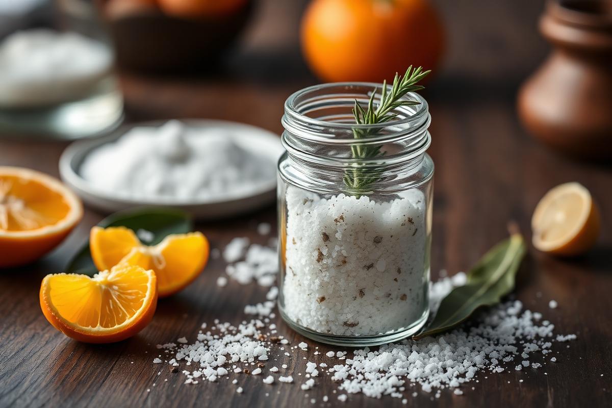 Pote de sal grosso aromático com alecrim, louro e laranja