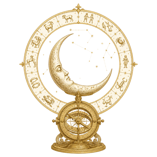 Lua crescente dentro de um anel zodiacal com astrolábio