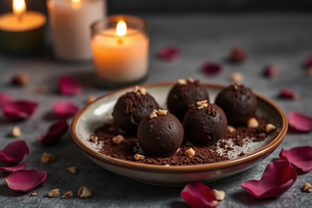 Trufas escuras de cacau com castanhas e pétalas de rosa