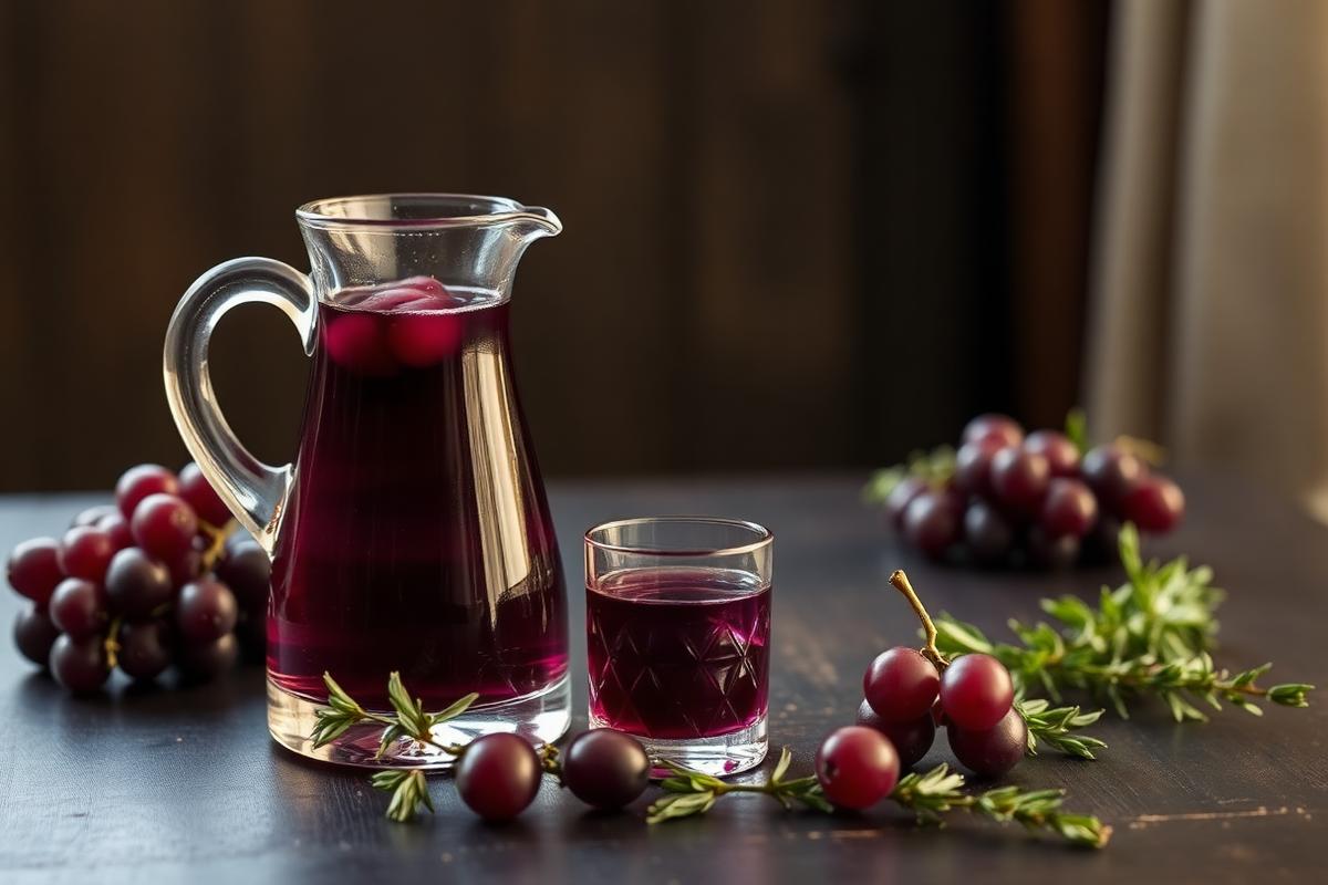 Jarra de cordial roxo de uva com alecrim e taça pequena